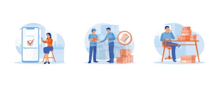 Illustration for Order Confirmation concept. Make online transactions using the application. The warehouse manager signs the bill of ladinga businessman writing and confirming the order by phone. set flat vector modern illustration. - Royalty Free Image