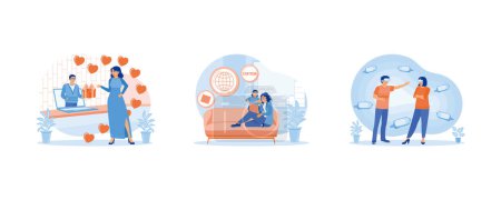 Illustration for Virtual Relationships concept. Young couple having a virtual date. Mother and daughter watching a movie using a laptop. Young couple using virtual glasses. set flat vector modern illustration - Royalty Free Image