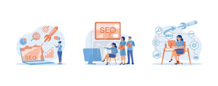 Illustration for SEO concept. Startup project, successful business. Marketing team meeting in office. We are optimizing SEO Search Engine Optimization. set flat vector modern illustration - Royalty Free Image
