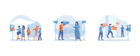 Film Production concept. A professional film crew team shoots in the studio. The cameraman filmed the actress' scene. The film crew team is working on filming. Flat vector illustration.