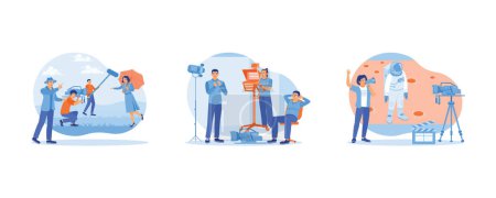 Illustration for Film Production concept. Behind the scenes of the filmmaking process. Filming process in the studio. The cinematographer shoots scenes on Mars. Flat vector illustration. - Royalty Free Image