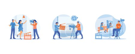 Illustration for Film Production concept. The process of shooting a film indoors. Behind the scenes of filming in the studio. The film director sits in front of the monitor screen. Flat vector illustration. - Royalty Free Image