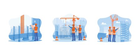 Illustration for Construction site engineer concept. Civil architect engineer with construction plans. Checking work on a construction site. set flat vector modern illustration - Royalty Free Image