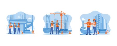 Illustration for Building construction sites concept. Construction managers and engineers working on a building site. Structural engineer and architect wearing orange work vests discussing at the construction site. set flat vector modern illustration - Royalty Free Image