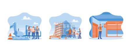Illustration for Experts inspect commercial building construction sites concept. Three experts plan the details of the development plan. They check the progress of construction at the construction site. set flat vector modern illustration - Royalty Free Image
