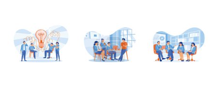 Illustration for Briefing concept. Generate business ideas and exchange ideas. Explain work issues at meetings. Happy colleagues gathering in the meeting room. set flat vector modern illustration - Royalty Free Image