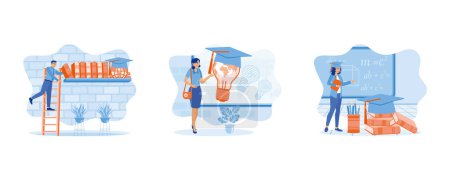 Illustration for Process to achieve success. Innovation in the world of education. Young woman with documents and wearing a graduation cap. set flat vector illustration. - Royalty Free Image