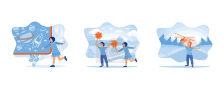 Téléchargez les illustrations : Journée internationale de l'enfant. Enfants joyeux jouant avec des moulins à vent en papier en plein air. Les garçons jouent avec les avions à l'extérieur dans l'après-midi. définir illustration vectorielle plate. - en licence libre de droit