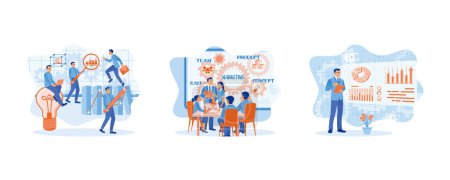 Illustration for Business team working in modern office. A diverse business team creates and discusses marketing plans during meetings. Marketing concept. set flat vector illustration. - Royalty Free Image