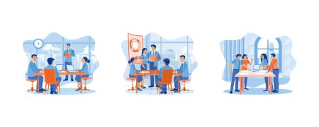 Illustration for Business people in office workplace. CEO and business team holding presentation in the meeting room. Diverse coworkers discuss and plan work projects in the office. set flat vector illustration. - Royalty Free Image