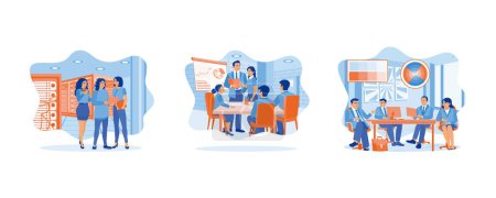 Illustration for Teamwork meeting concept. Diverse colleagues gather in the presentation room. Business team meeting at the conference table. set flat vector illustration. - Royalty Free Image