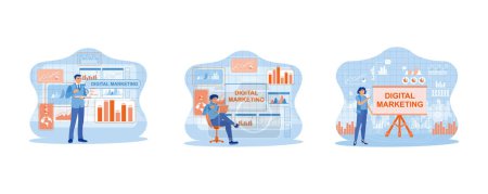 Illustration for Digital marketing media concept. Man sitting on a chair holding a laptop. marketing team. Analyze marketing graphics on a virtual screen. set flat vector modern illustration - Royalty Free Image