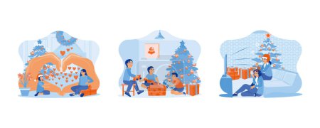 Téléchargez les illustrations : Famille partageant la veille de Noël. Trois petits enfants ouvrant des cadeaux de Noël ensemble sous le sapin de Noël. Deux amies assises près du sapin de Noël. set plat vecteur illustration moderne - en licence libre de droit