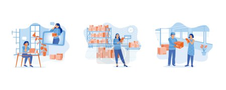 Illustration for Young woman shopping online from home. The businesswoman is checking merchandise in the warehouse. Woman checking and signing the delivery form. set flat vector modern illustration - Royalty Free Image