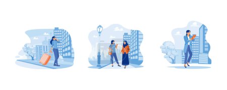 Illustration for Happy calm peaceful girl volunteer concept. Ready for a business trip. A woman in a hijab is walking with her female friend. set flat vector modern illustration - Royalty Free Image
