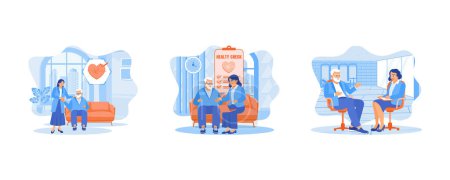 Illustration for Happy woman greeting old man patient with recovery good analysis results. Positive practitioner doctor showing tablet screen to older 70s patient woman.Healthcare, Geriatric Medicine, Medical Check Up. set flat vector modern illustration - Royalty Free Image