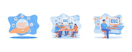 Illustration for ESG concept in the hand for environmental. ESG environmental social governance policy for modish business. Businessman using a computer for analysis ESG environmental social governance business strategy investing. set flat vector modern illustration - Royalty Free Image