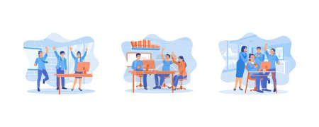 Illustration for Good successful teamwork concept. Colleagues celebrating successful completion of projects and great achievement at work. People with happy expressions. Set flat vector modern illustration - Royalty Free Image