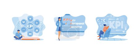 Illustration for Business and technology. Hand with marker writing KPI. KPI with young woman holding a tablet computer in a chair. Set flat vector modern illustration - Royalty Free Image