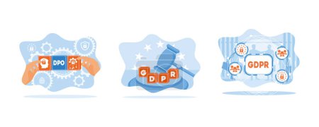 Illustration for Hand holding block with DPO icon. Justice mallet and GDPR acronym. General Data Protection Regulation. general rules for data protection concept. Set Flat vector illustration. - Royalty Free Image