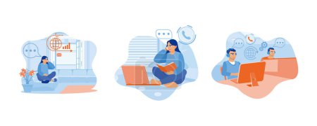 Happy young woman caller talking on the phone at home. Girl reading a book in bed. Woman with phone calling to customer support service concept. Set Flat vector illustration.