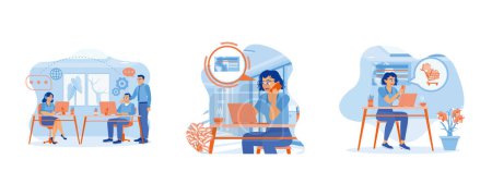 Illustration for Business people working in a call center. Calling customer service at office. Woman Excited for Online Shopping. Woman with phone calling to customer support service concept. Set Flat vector illustration. - Royalty Free Image