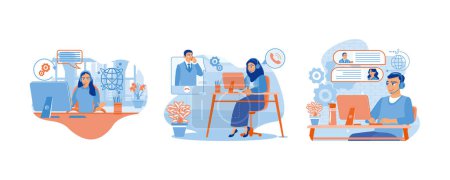 Illustration for Muslim woman customer service wearing hijab. Online global technical support. Woman with phone calling to customer support service concept. Set Flat vector illustration. - Royalty Free Image