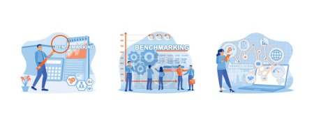Illustration for Benchmarking concept. Business people development business efficiency. Using digital tablet and laptop to analysis benchmarking. Set Flat vector illustration. - Royalty Free Image