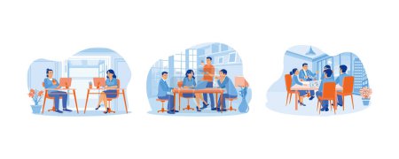Illustration for The creative manager has two partners in the office. Business team meeting in office. Discuss work. Team of people sitting at desk with laptops Set Flat vector illustration. - Royalty Free Image
