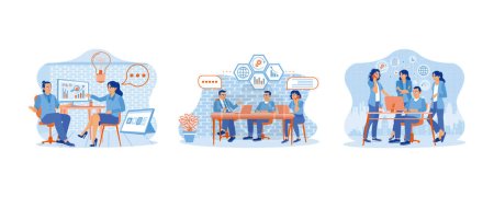 The excited woman sharing business ideas. Three different business people are sitting in the office. Business people working together. Set Flat vector illustration.
