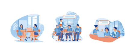 Illustration for A group of employees are working on laptops. A team of people is sitting at desks with laptops. Set Flat vector illustration. - Royalty Free Image