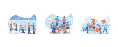 Illustration for Working together in partnership. Diverse entrepreneurs take part in business activities. Teamwork to achieve success. Team communication concept. Set flat vector illustration. - Royalty Free Image