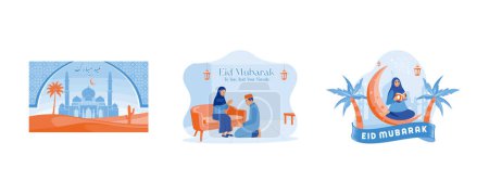 Ilustración de Feliz Eid al Fitr. El hijo se disculpa con la madre en la casa. Estudia y lee el Corán. Feliz concepto de Eid Mubarak. Establecer ilustración de vector plano - Imagen libre de derechos