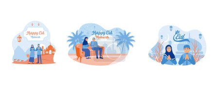 Illustration for Happy Muslim couple welcoming and celebrating Eid al Fitr. Sitting on the sofa inside the house. Happy Eid Mubarak concept. Set flat vector illustration . - Royalty Free Image