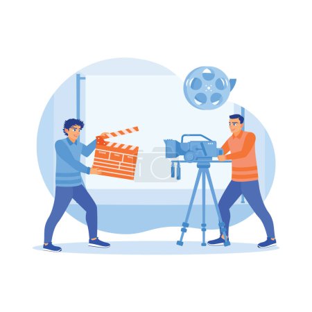 Man holding film clapper and cameraman with camera in hand. Behind the scenes of filming in the studio. Film Production Concept. Trend Modern vector flat illustration