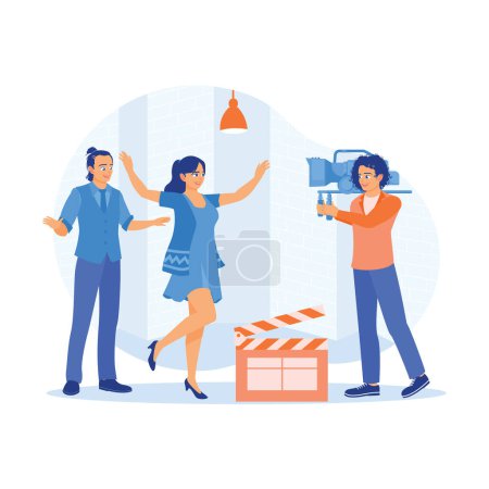Illustration for A cameraman with a camera in hand records a scene of two models. The process of shooting a film indoors. Film Production Concept. Trend Modern vector flat illustration - Royalty Free Image