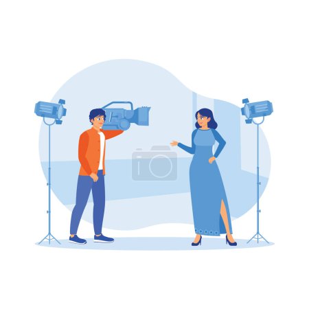 A cameraman films an actress scene using a modern camera. The process of making a film in the studio. Film Production Concept. Trend Modern vector flat illustration