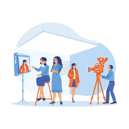 The female director is sitting in a chair, looking at the display on the monitor screen, and talking to the assistant. A professional film crew team shoots in the studio. film Production concept. Trend Modern vector flat illustration