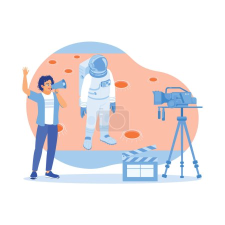Illustration for The cinematographer shoots scenes on Mars with a large LED screen. Behind the scenes of astronaut filmmaking. Film Production Concept. Trend Modern vector flat illustration - Royalty Free Image