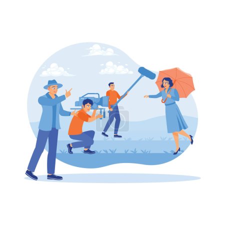 Behind the scenes of the filmmaking process. A film crew team shoots an actress's film scene outdoors. film Production concept. Trend Modern vector flat illustration
