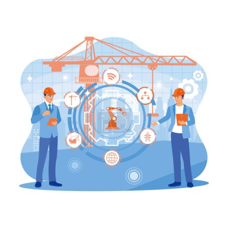 Illustration for Two business people using digital tablets at a construction site. They made innovations in digital cranes. Concept Technology with Forex Graph Hologram. Trend Modern vector flat illustration - Royalty Free Image