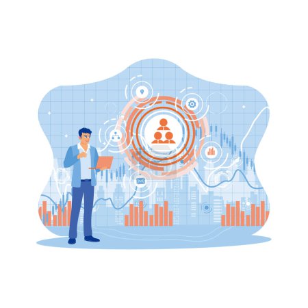 Illustration for Business people use laptops to analyze financial charts and the stock market. Trading charts in trading and business technology concept. Technology and finance concept. Trend Modern vector flat illustration - Royalty Free Image