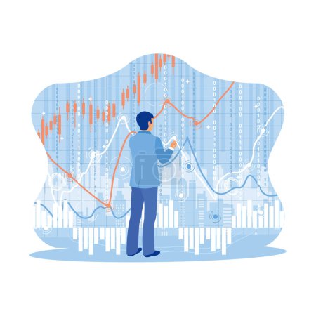 Illustration for Businessman with graphs and futuristic world map on virtual screen. Using creative forex charts against a blurred cityscape background. Technology and finance concept. Trend Modern vector flat illustration - Royalty Free Image
