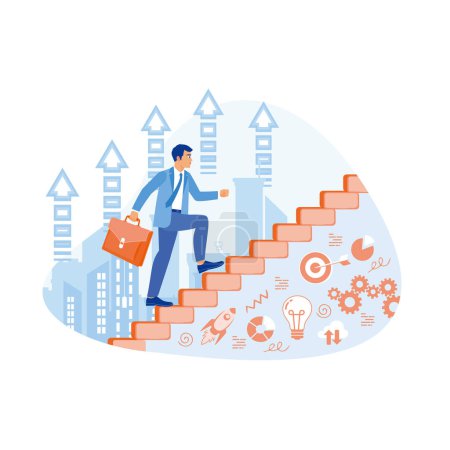 Illustration for A businessman with a briefcase walks up stairs with an up arrow. Building a successful international business. Career Development concept. trend flat vector modern illustration - Royalty Free Image