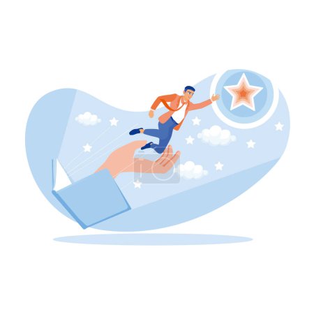Illustration for Open book with hands holding a man trying to reach the stars in the sky. Motivational concept towards success. Career Development concept. trend flat vector modern illustration - Royalty Free Image