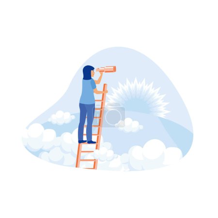 Illustration for A woman standing on stairs looking into the distance using a telescope with sunrise in the background. Career Development concept. trend flat vector modern illustration - Royalty Free Image