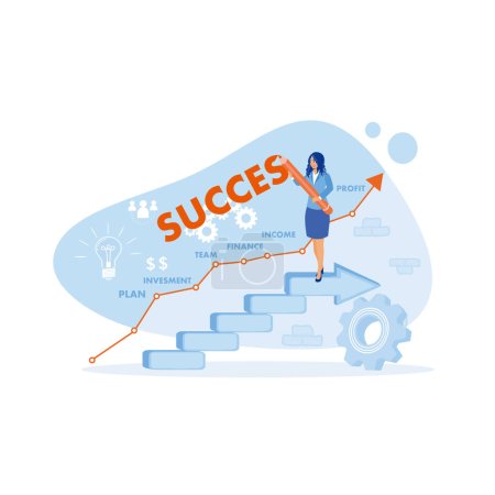 Illustration for A young woman is at the top of the stairs. Create a business strategy plan for success. Career Development concept. trend flat vector modern illustration - Royalty Free Image