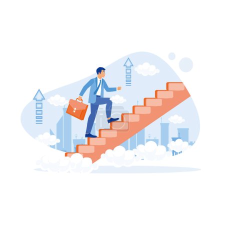 Illustration for A businessman with a briefcase walks up the stairs. Against the backdrop of a bright city view. Career Development concept. trend flat vector modern illustration - Royalty Free Image
