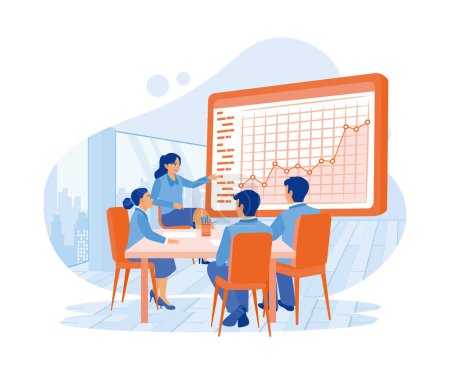 Illustration for The female chief analyst holds a meeting with a team of economists. The interactive digital whiteboard displays growth graphs, statistics, and sales data. Growth Analysis concept. trend flat vector modern illustration - Royalty Free Image