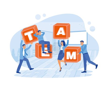 Illustration for Diverse business teams work together in the office. Arrange the word blocks to form the word TEAM. Employee Making concept. trend flat vector modern illustration - Royalty Free Image